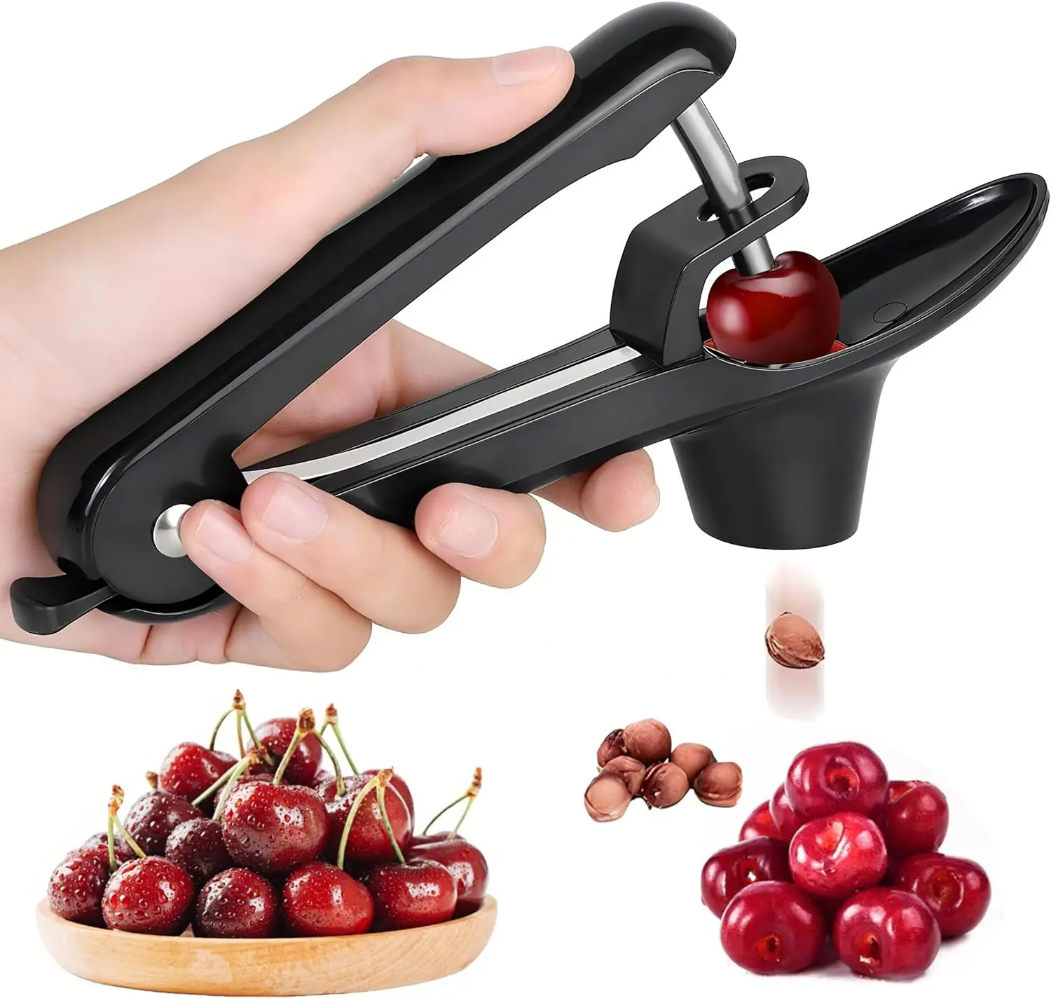 Cherry Pitter, Heavy-Duty Stainless Steel Cherry Pitter Tool, Easy Press Cherry Pit Seed Remover for Making Cherry Jam Pie, Effortless to Use & Clean with Safety Lock