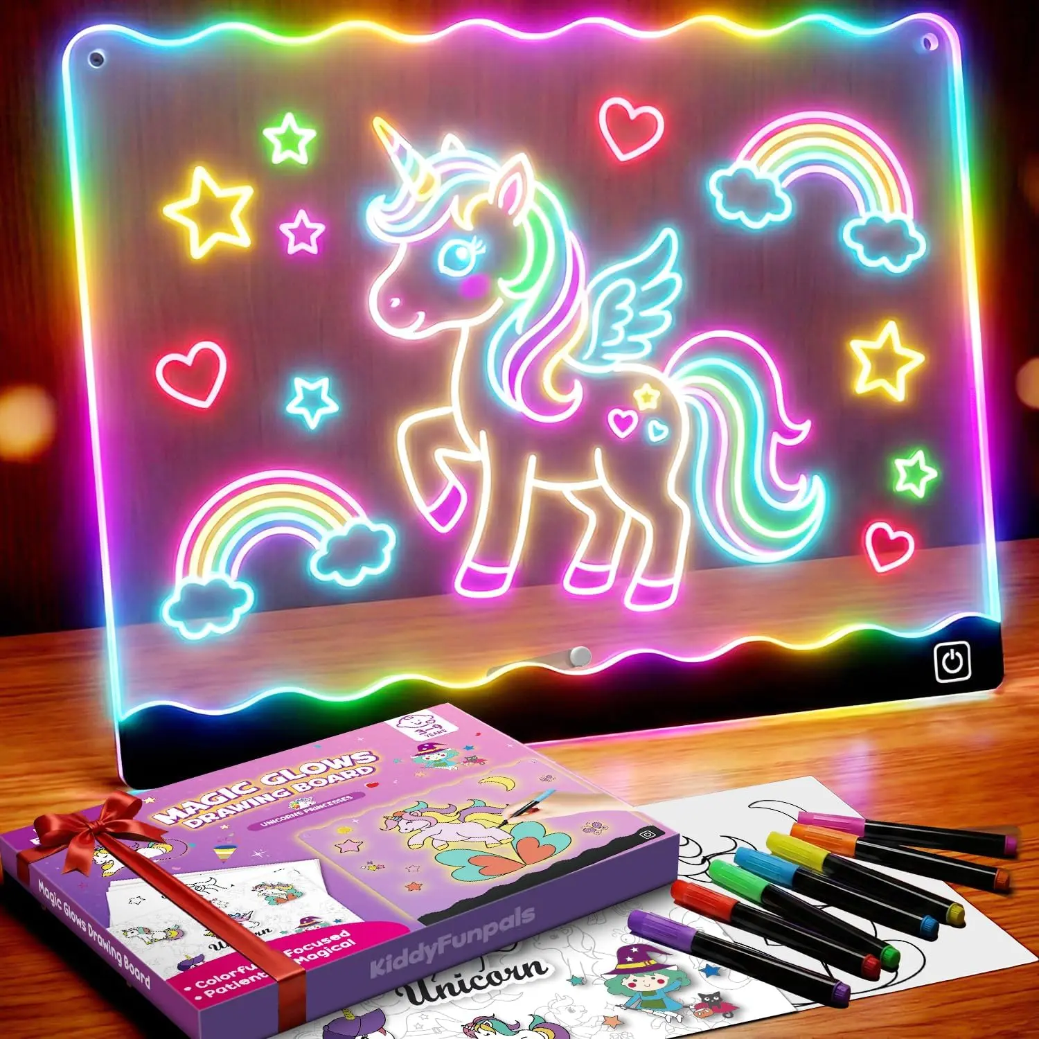 10-Inch Light Up Tracing Pad for Kids - 7-Color LED Glow Drawing Tablet with 7 Neon Pens & 10 Templates | USB-C Rechargeable Unicorn Art Toy, Perfect Birthday Gift for Girls Ages 3 to 9