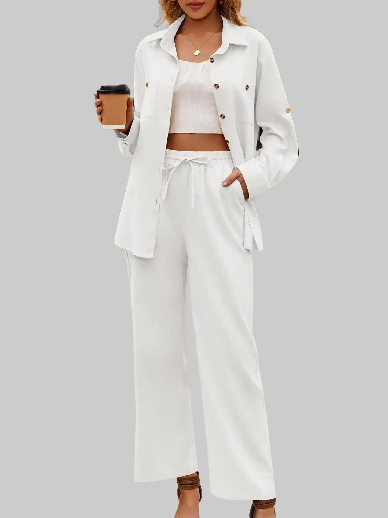 ZEAGOO Women 2 Piece Linen Sets Button Down Shirt and Drawstring Long Pants Set Summer Outfits ZEAGOO Women 2 Piece Linen Sets Button Down Shirt and Drawstring Long Pants Set Summer Outfits