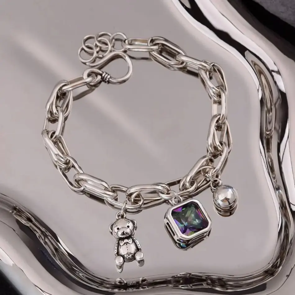 925 Sterling Silver Charm Bracelet for Women, Elegant Bear Charm with Shiny Round Crystals, Ideal Gift for Daily Wear & Celebrations, Crystal, Female, With Shiny Crystals