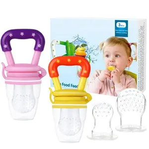 Baby Fruit Feeder by , Frozen Teething Toys for Babies, Fruit Pacifier Feeder with 4 Sizes Silicone Pouches, Eating Essentials, BPA Free Feeding Supplies -2 Pack (Pink Yellow)