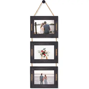 Dlquarts 5X7 Hanging Picture Frames Collage Wall Decor, 3-Opening Photo Frames 5X7 without Mat & 3.5X5 with Mat, Rustic Wood 3-Frame, Weathered Black DLQuarts US