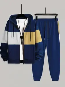 Men's clothing, two-piece contrasting long sleeved zipper hooded jacket and drawstring pants, suitable for outdoor wear
