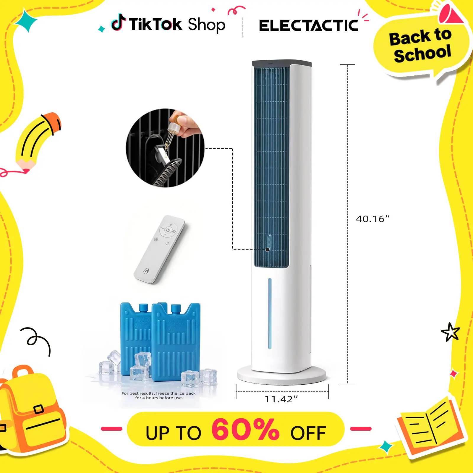 Electactic 3-In-1 Portable Air Conditioners Fan, 40" Standing Fans that Blow Coold Air, 80° Oscillating Bladeless Cooling Fan for Bedroom, 5L Removable Water Tank, 15H Timer, 4 Speeds + 3 Modes, Aromatherapy Box, Remote Control, White