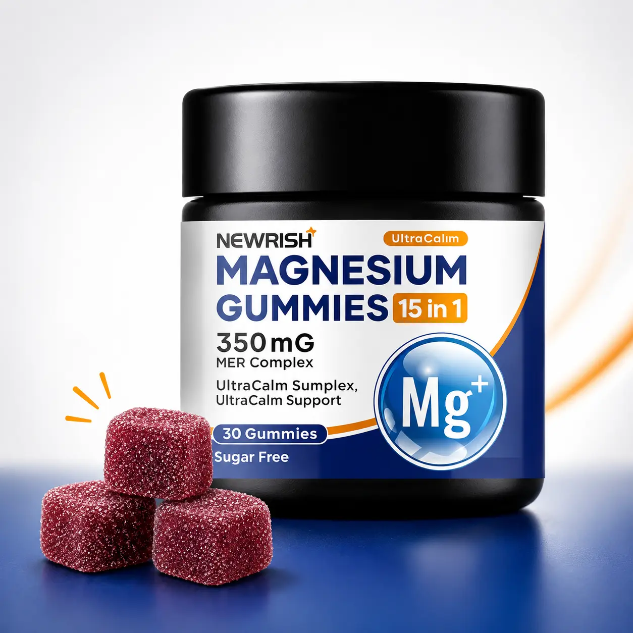 Newrish 15-in-1 Magnesium Gummies (350mg compound formulation) containing South African drunken eggplant, L-theanine, vitamin D3 and zinc; Sugar-Free Vegan Magnesium Chewable Gummies for Soothing Mood, Improving Sleep and Relaxation, 30-Pack