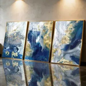 3 Count Aluminum Alloy Frame Canvas， Fashion Poster， Abstract blue gold marble art， Modern Living Room Decoration， Light Luxury Family Art， Suitable For Bedroom， Corridor And Office Wall Decor， Gift