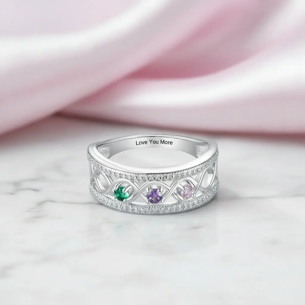 Personalized Promise Ring with 3 Birthstones Custom Name Infinity Love