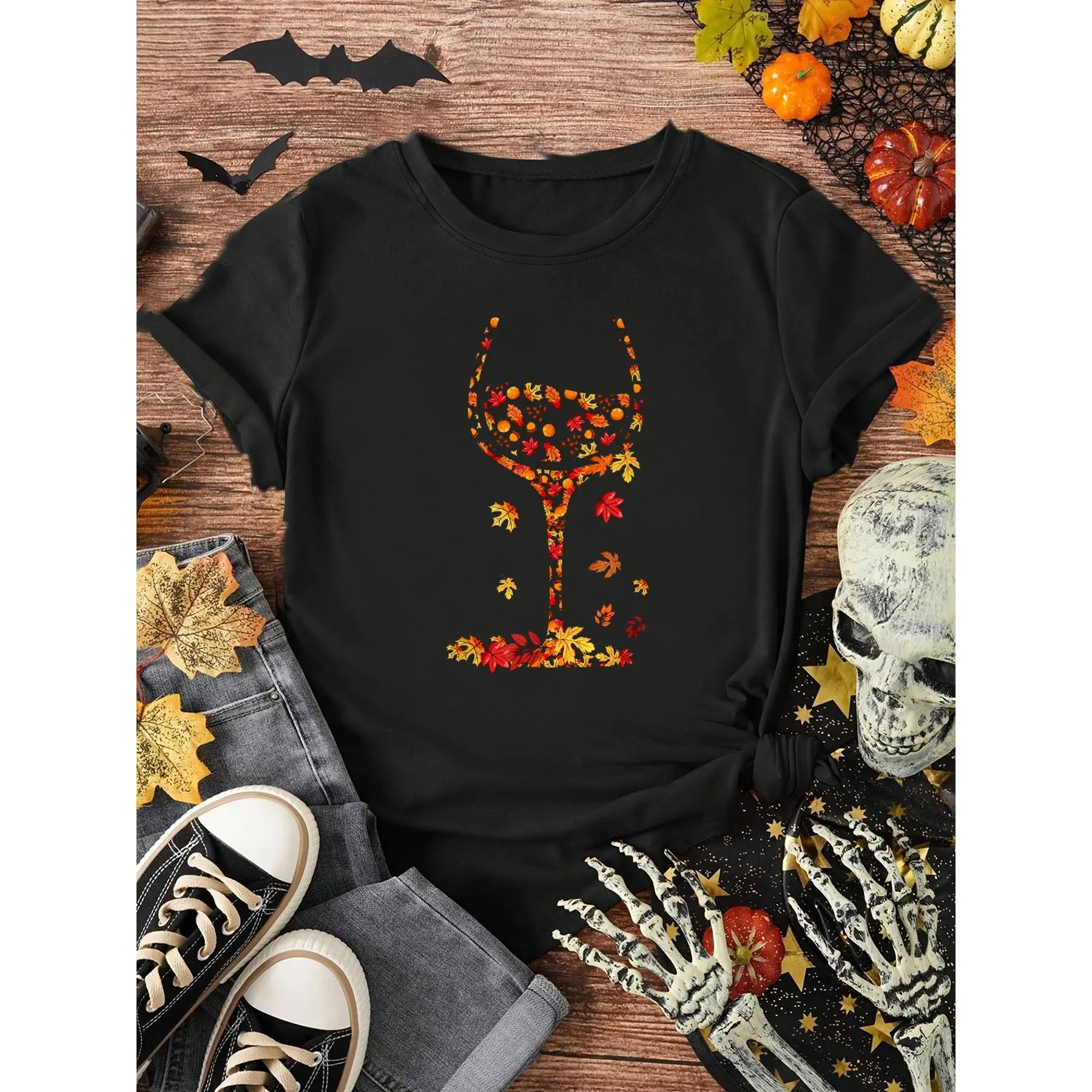 Women's 100% Cotton Short-Sleeve T-Shirt - Comfortable, Breathable, Casual, Essential Autumn Fall Top with Glass of Wine & Maple Leaf Design for Wine Lovers, Shortsleeve