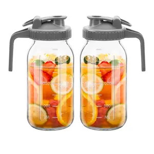 2 Pcs 64 Oz Glass Pitcher with Lid, 2 Quart Heavy Duty Cold Brew Pitcher, Leak-Proof, Wide Mouth Mason Jar with Pouring Airtight Lid,Ideal for Fridge Storage (64 OZ Grey)