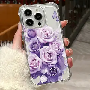Four-corner Anti-drop Purple Rose and Butterfly Pattern Transparent Phone Case, TPU Shockproof Full Protection Case, Suitable for iPhone 17/16/15/14/13/12/11 PRO PROMAX PLUS AIR X XS, Ideal Gift for Friends and Family, SJTKK67