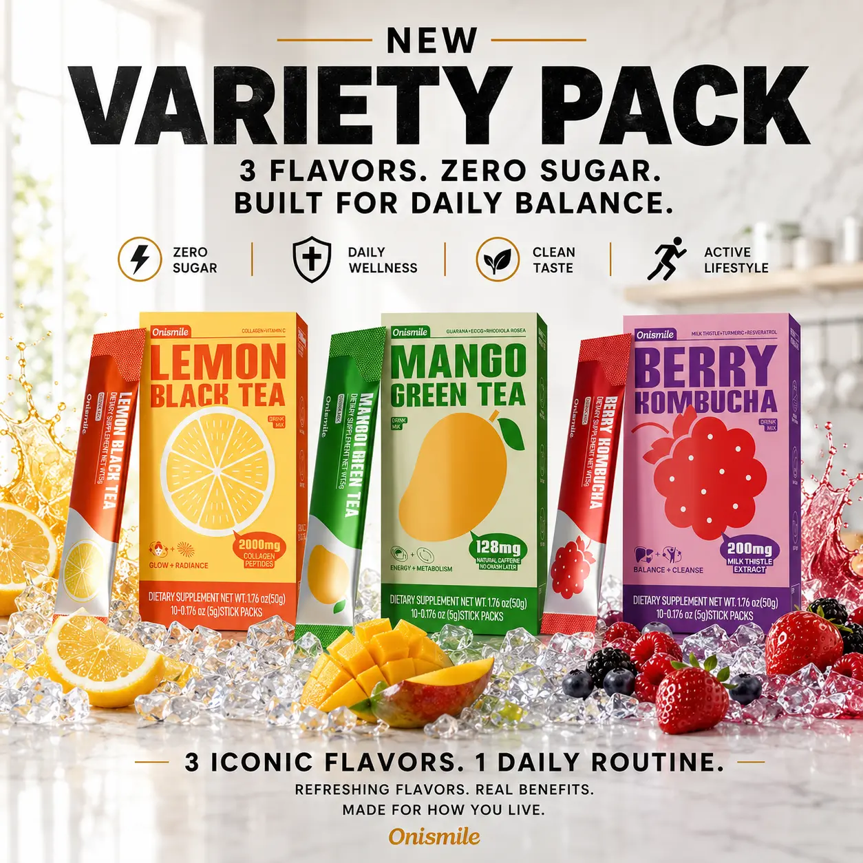 Onismile Live - Variety Pack Powdered Drink Mix Powder Packets Water Enhancer Water Flavor Packets Natural 3 Flavors Lemon Black Tea + Mango Green Tea + Berry Kombucha Zero Sugar Low Calorie On-the-Go Stick Single Servings