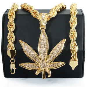 Marijuana Weed Leaf Fully Iced | 14K Rope Necklace Gold Plated 10mm