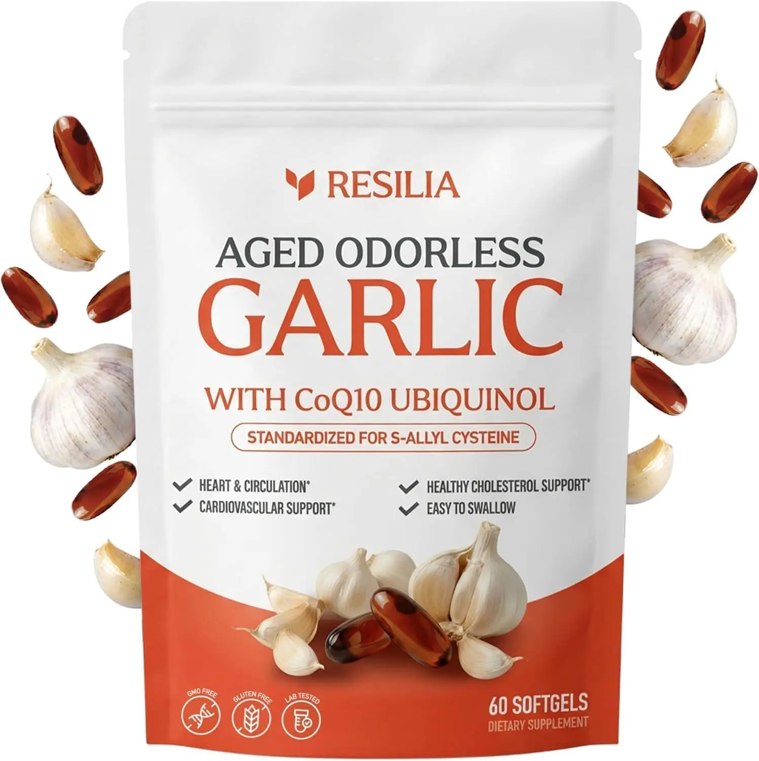 Odorless Aged Garlic Extract 600mg with CoQ10 Ubiquinol and Vitamin K2 MK7 60 Softgels