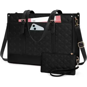 Laptop Bag for Women 15.6 Inch Vegan Leather Work Tote Bag Quilted Womens Briefcase Designer Laptop Bags for Office Teacher College Cute Computer Bag with Clutch Purse Professional Black