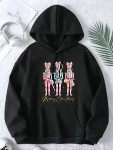 【Plus Size】 Letter & Nutcracker Print Hoodie, Casual Drawstring Long Sleeve Hooded Sweatshirt for Fall & Winter, Women's Clothing for Daily Wear