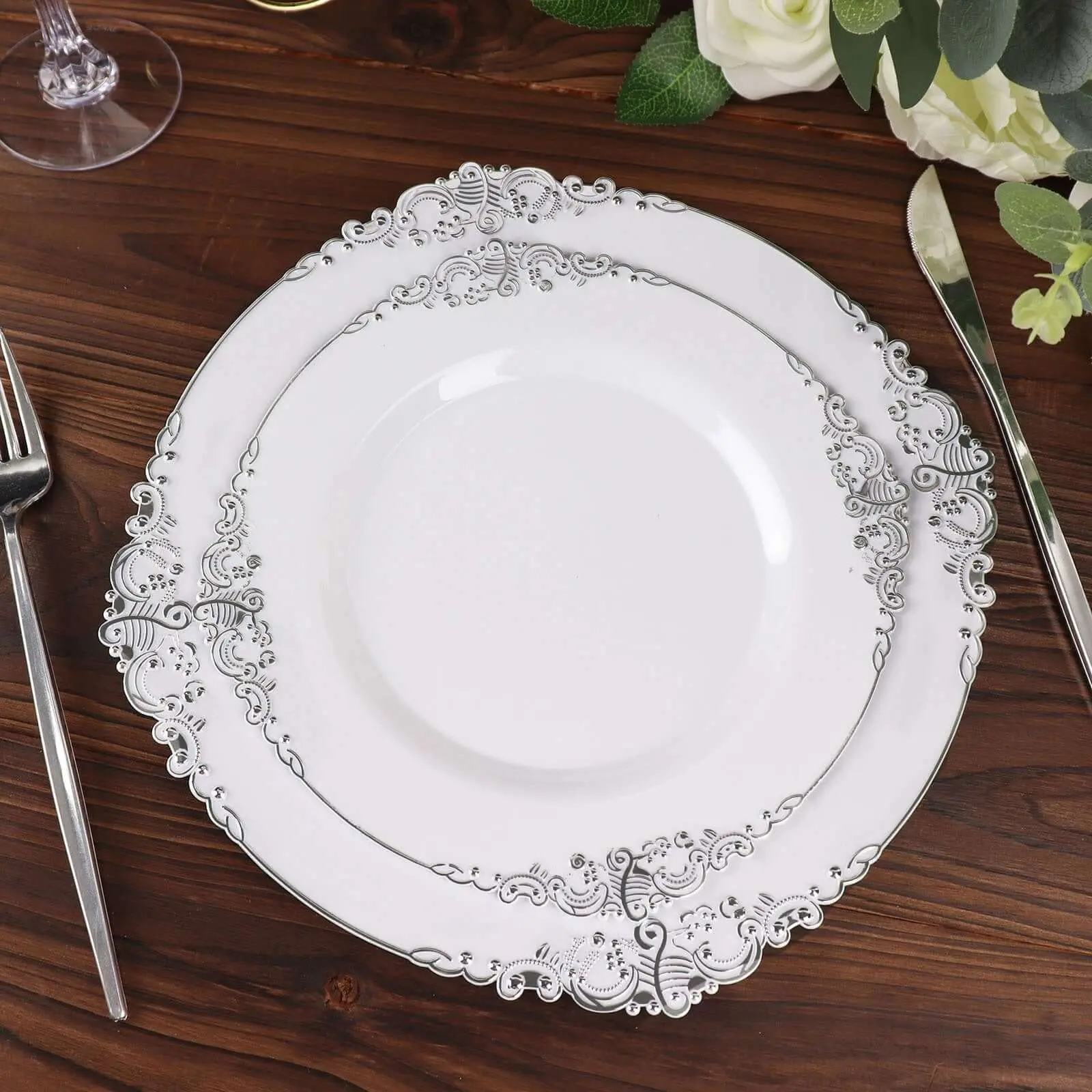 10-Pack 8" Round Disposable Party Plastic Plates - White with Silver Leaf Embossed Rim, Vintage Baroque Style, Ideal for Weddings, Salads & Desserts, Plastic Plates For Party, Disposable Party Plates, Vintage Plates