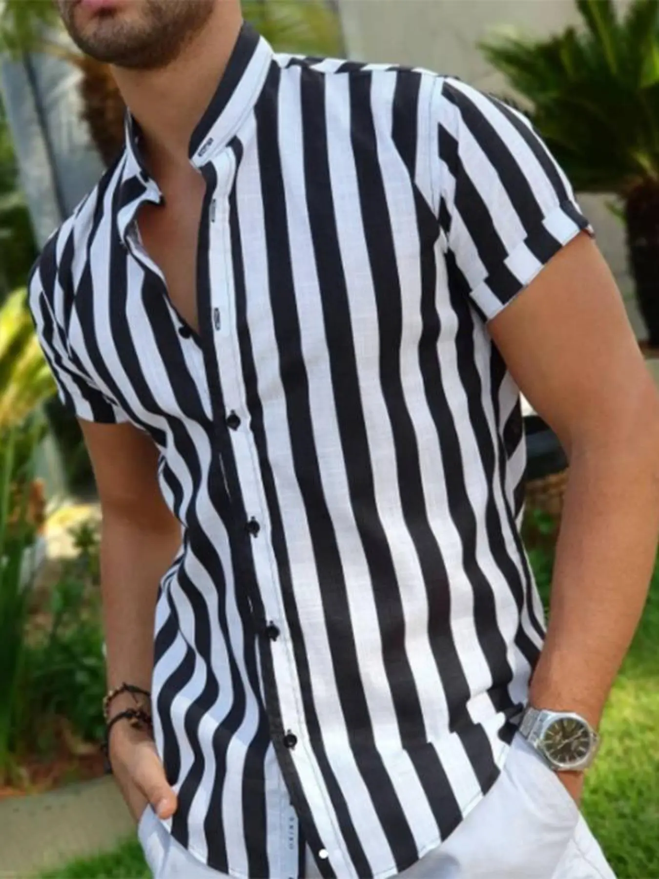 Men's Striped Print Button Front Shirt, Casual Regular Fit Short Sleeve Mock Neck Top for Summer, Menswear for Daily Wear