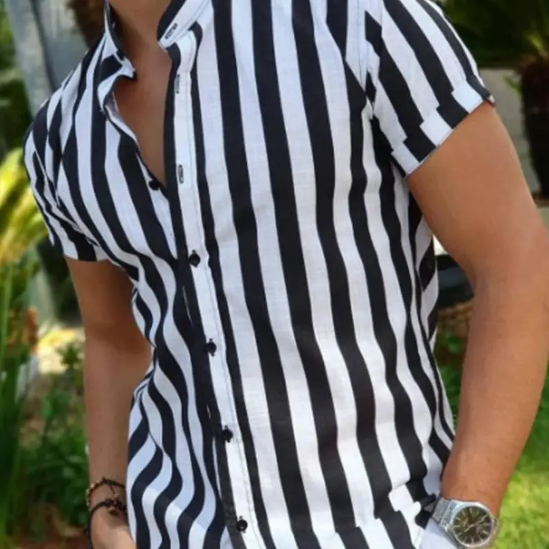 Men's Striped Print Button Front Shirt, Casual Regular Fit Short Sleeve Mock Neck Top for Summer, Menswear for Daily Wear