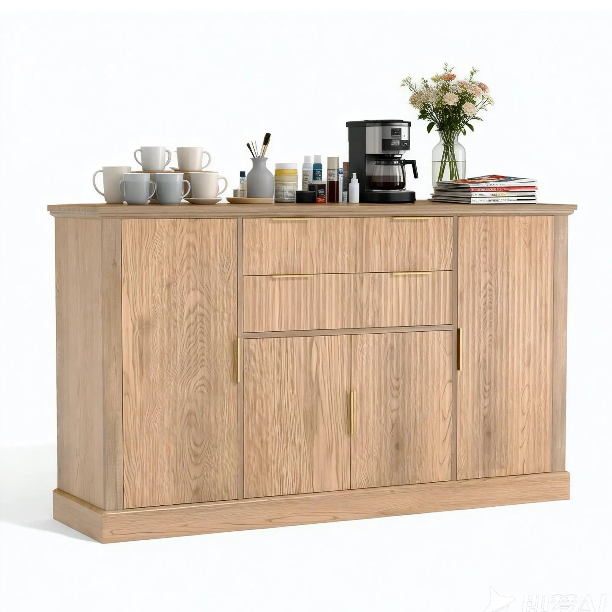 Sturdy Oak Freestanding Buffet Cabinet - Apartment Storage Cabinet with 4 Doors, Adjustable Shelves, Fluted Design, Modern Credenza Accent Sideboard for Dining Room, Kitchen