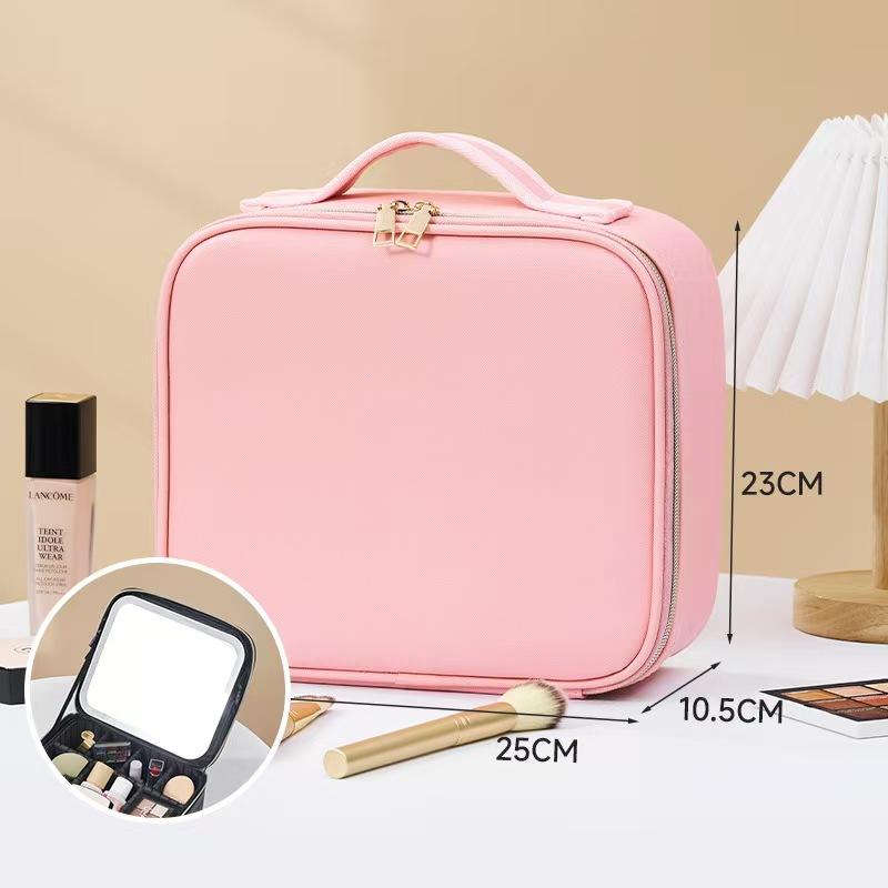 Travel cosmetic bag with LED light, USB charging women's cosmetic storage box, portable lighted makeup mirror with adjustable brightness, three-color adjustable light, portable cheap storage bag with adjustable divider makeup brush puff storage box