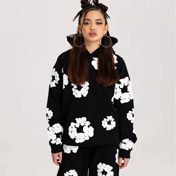 Harajuku Casual Loose Hoodie with Flower Print for Men and Women
