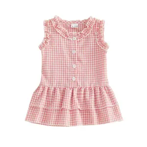 Girls A-line Dress, Sleeveless Crew Neck Layered Plaid Dress Summer Dress for Casual Daily