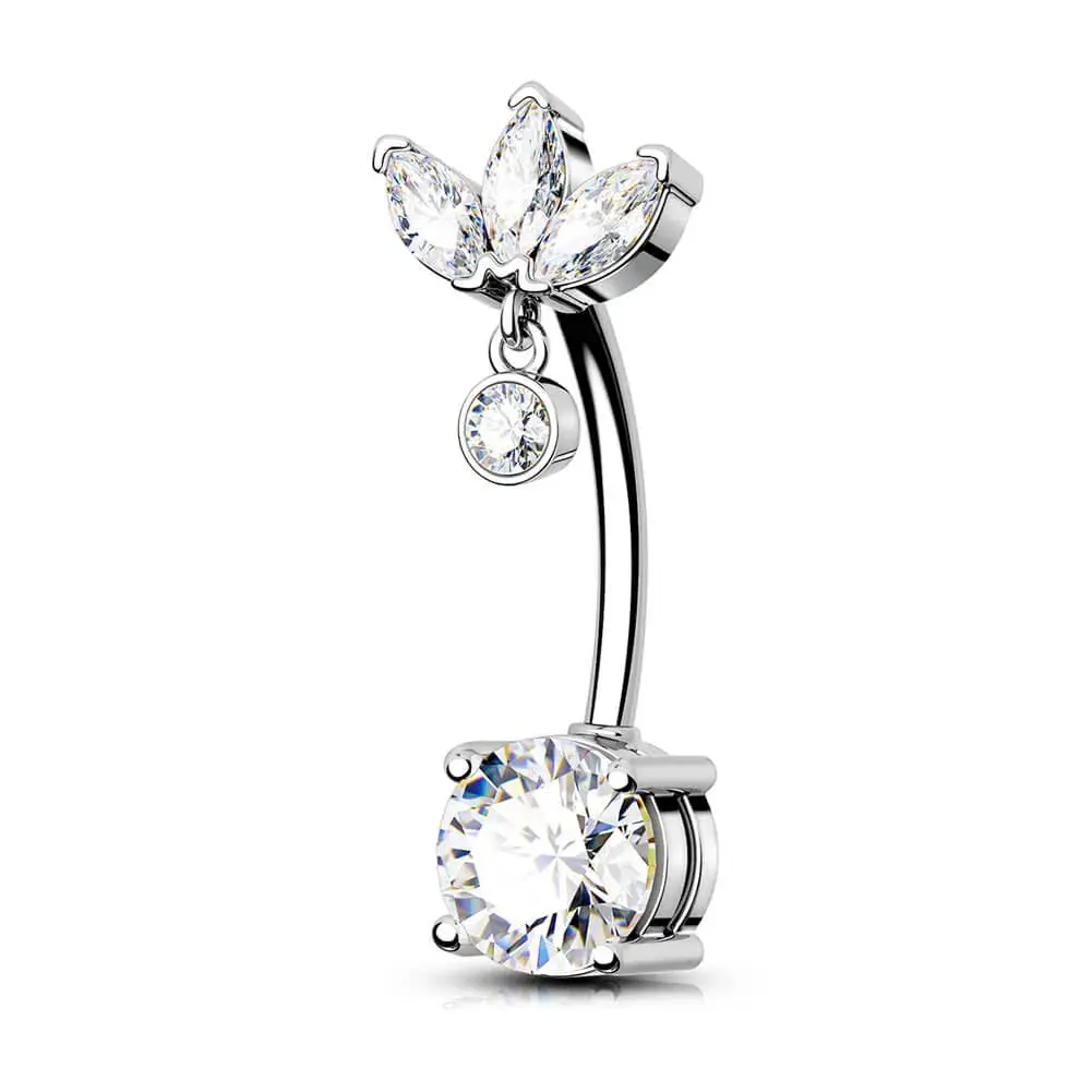 OUFER Dainty Belly Button Ring - Flower Motif Cubic Zirconia Lotus Top with Crystal Accents, Gemstone Piercing Jewelry for Belly Piercing, Belly Button Rings