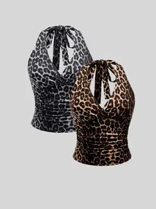Trendy Leopard Print & Solid Color Casual Halter Top Set, Perfect for Spring Summer Fall, Versatile Two-Piece Design