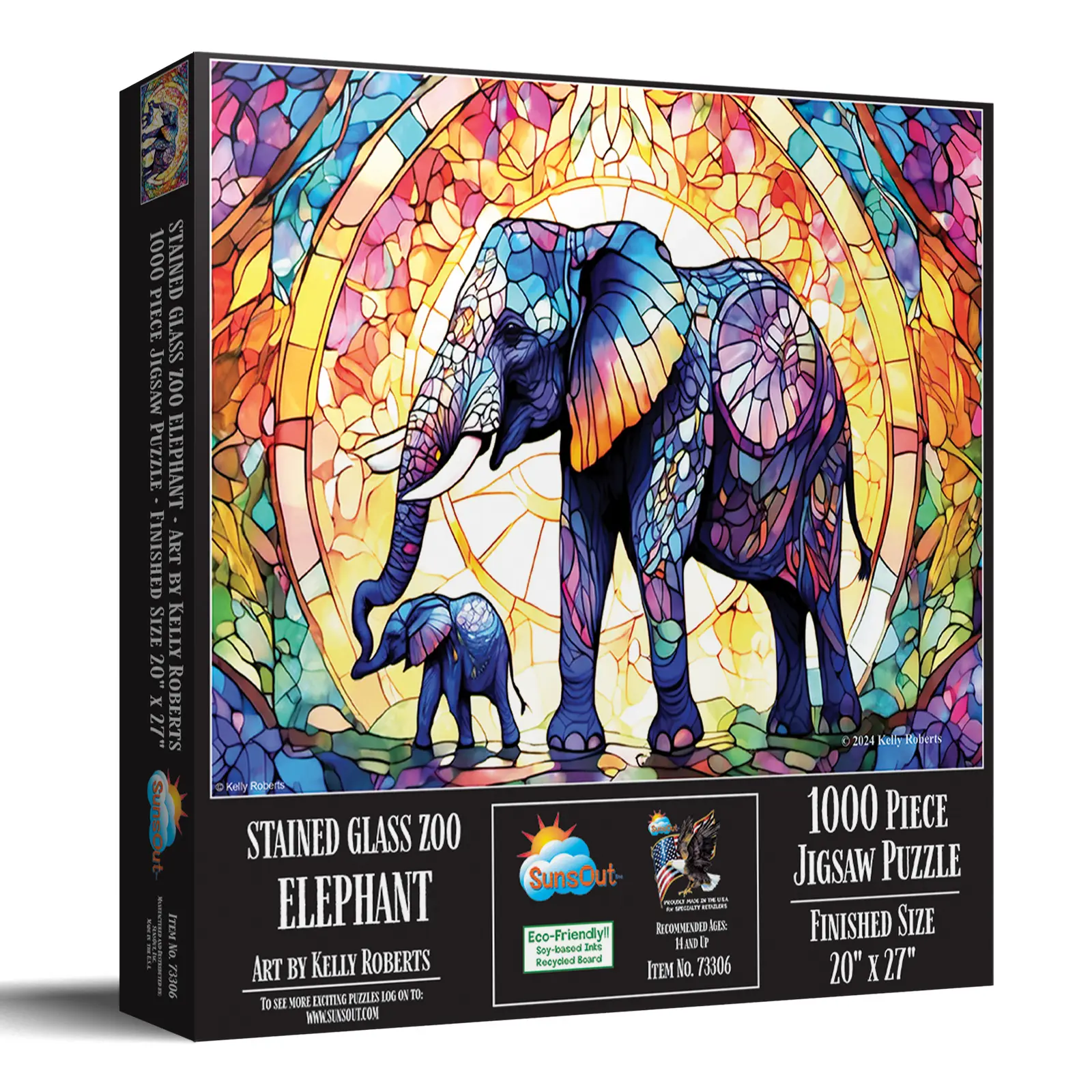 SunsOut Stained Glass Zoo Elephants 1000 piece Jigsaw Puzzle for Adults 20" x 27" Animals, Nature, Fantasy
