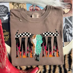 Comfort Colors Western Mama Longhorn Skull Patchwork T-shirt, Trendy Edgy Retro Western Cow Skull Shirt, Gingham Floral Rustic Cow Lover Shirt