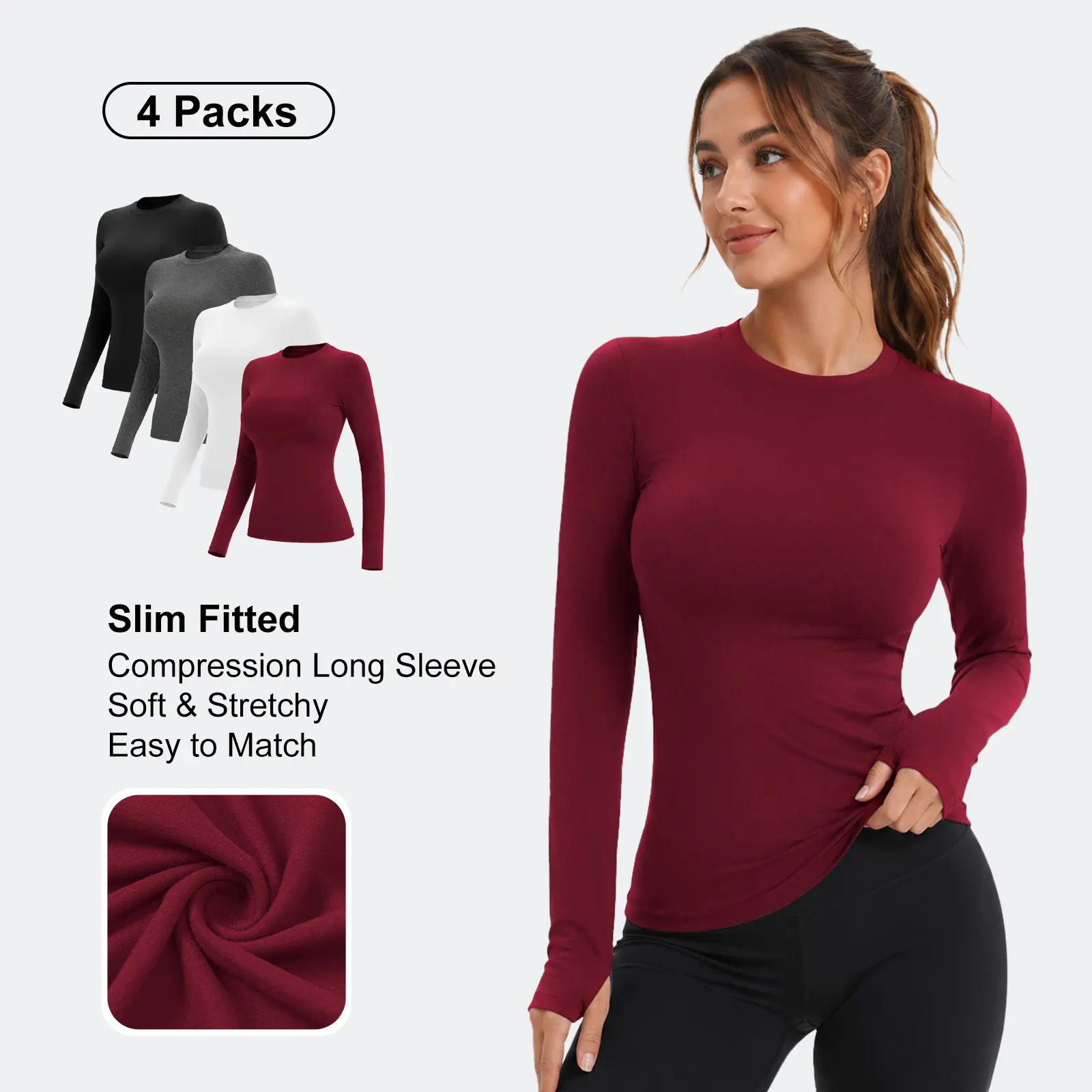 Women's 4-Pack Long Sleeve Compression Shirts - Slim Support Fit Crew Neck Sportswear, Athletic Training Tops, Sporty Chic Underscrubs Built for Gym Training and Cardio