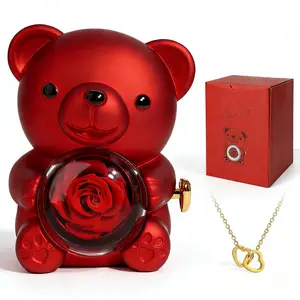 [Necklace Included]Cute Teddy Bear with Preserved Rose -A Real Rose Flowerin Bear with Elegant Gift Box -Romantic Gift for Her in Mother's Day, Weddings, Anniversaries, and Bridal Showers,Christmas and Valentine's Day gifts