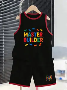 Colorful Block Logo Boys' Sleeveless Set, Perfect for Daily Casual Wear, Building Activities, Home, Vibrant Colors, Creative Style
