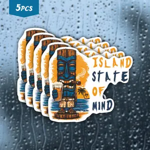 5Pcs Island State of Mind Tiki "Island State of Mind" Waterproof Vinyl Sticker, Self-Adhesive Decal, Suitable For Water Bottles, Laptops, Cars, Tablets, Ideal For Beach Lovers, Tiki Enthusiasts And Vacation Dreamers