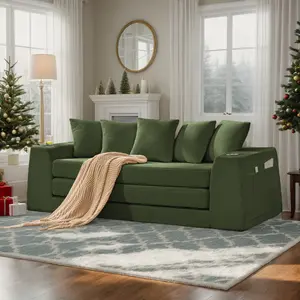 Eyisean 82'' Corduroy Full Size Convertible Loveseat Sofa Bed, 2 in 1 Upholstered Folding Floor Sleeper Couch with Cup Holders & Side Pocket, 5 Back Cushion, No Assembly Required, Memory Foam, Boneless Futon Sofa Couches for Living Room/Apartment