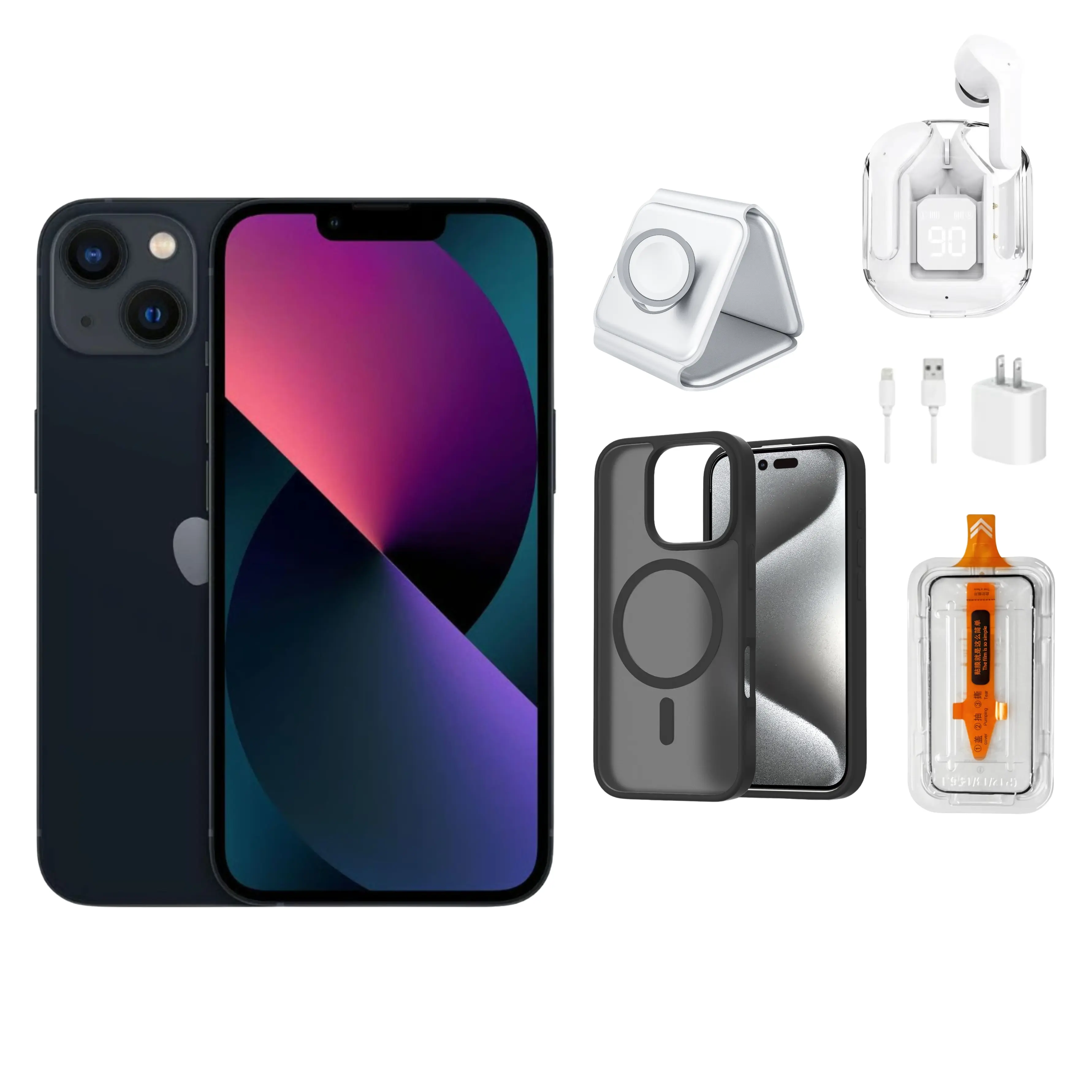 Restored Apple iPhone 13 128GB Midnight (Black) Fully Unlocked Bundle: Bluetooth Headphones, Phone Case, Screen Protector, 3-in-1 Charger & Wall Charger (Refurbished) | (Eco-Friendly Condition)
