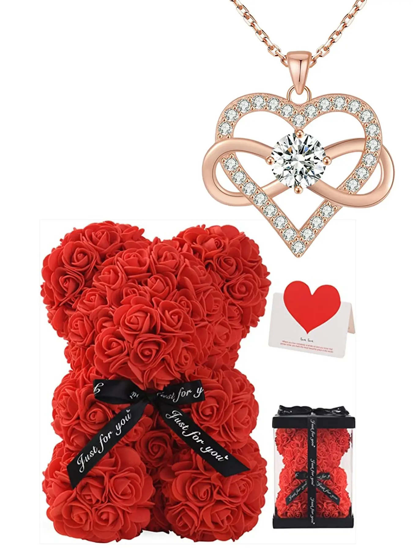 Eternal Heart Necklace and Rose Bear Gift Box, Birthstone Pendant Jewelry for Women, Perfect for New Year, Christmas, Valentine's Day