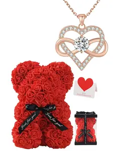 Eternal Heart Necklace and Rose Bear Gift Box, Birthstone Pendant Jewelry for Women, Perfect for New Year, Christmas, Valentine's Day
