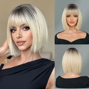 WOOLOOK 10 Inch Short Ombre Blonde Straight Bob Wig with Bangs Natural Light Blonde to Dark Roots Heat Resistant Synthetic Fiber Rose Net Cap for Comfort Breathability Natural Elegant Style for Women Daily Wear Cosplay Weddings Parties Music Festivals