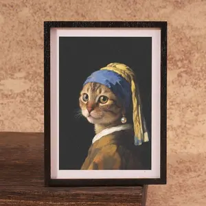 Cat Mini Photo Frame Refrigerator Magnet, Pearl Earrings Cat Artwork, Cute Contrast Design, Small and Durable, Perfect Home Decor Gift