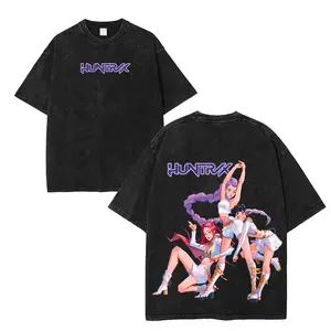 Women's K-Pop Demon Hunters Huntrix Vintage Washed Oversized Graphic Top - Unisex Heavyweight Cotton Fabric Tee, Korean Streetwear Summer Outfit