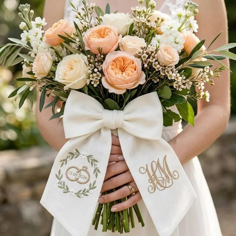 Embroidered Wedding Sash, Rings, Monogram, Ivory Linen Bouquet Wrap