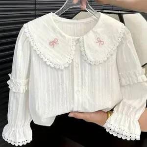 Girls' Elegant shirt - doll neck design, Long Sleeves with pink bow details on the collar and lace trim, suitable for all seasons and daily wear