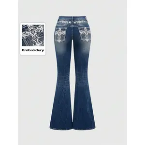 Women’s punk Y2K vintage millennium sexy slim flared jeans with cross wings embroidery and a pocket—blue denim with ladies’ buttons for streetwear or work pants; fits curvy figures; can pair with a raincoat.