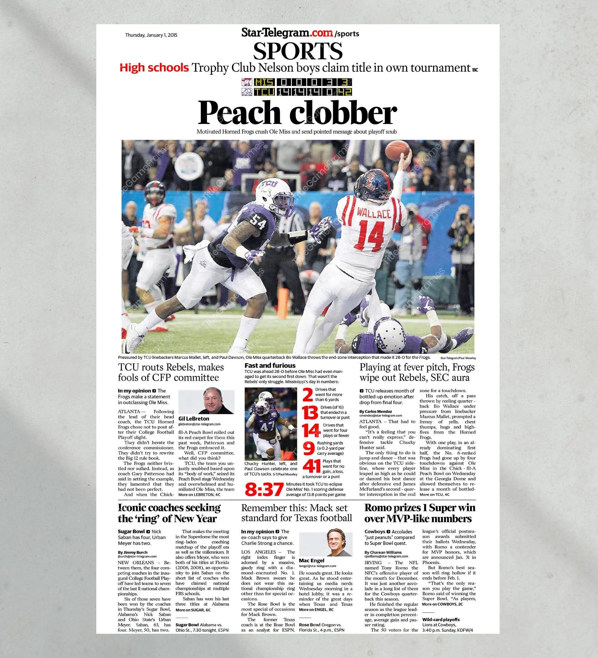 2014 Peach Bowl TCU Defeats Ole Miss 'Peach Clobber' Unframed Poster