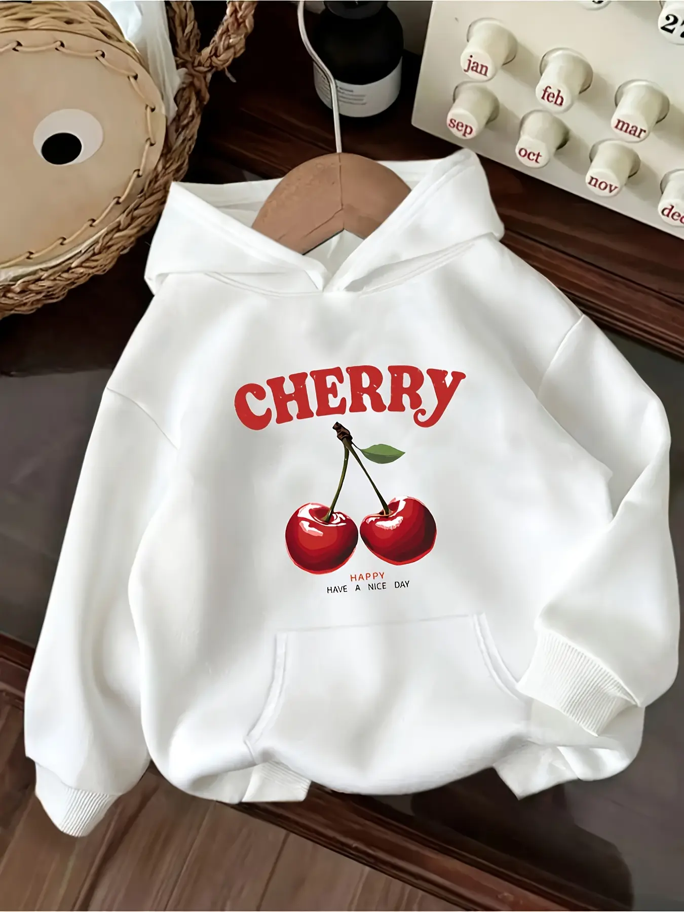 Women's Loose Cherry Letter Pattern Long Sleeve Pullover Hooded Sweatshirt (GK4052689, D92) - Knitting Style, 50% Cotton 50% Polyester Fabric, Comfortable Everyday Women's Clothes, Casual All-Season, Machine Washable