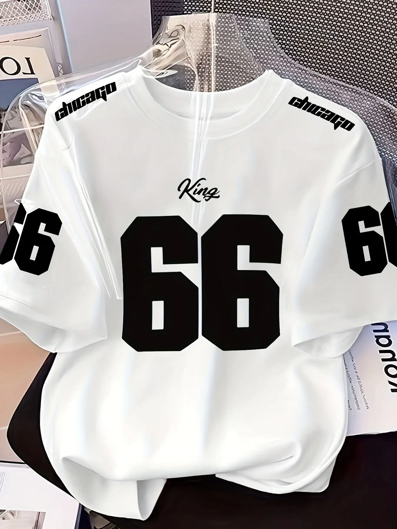 Men's Versatile "Chicago Route 66" Graphic Printed T-shirt, Trendy Loose Streetwear Style, Comfortable Crew Neck Top, Suitable for Daily & Casual Wear for Men and Women, Unisex, Menswear