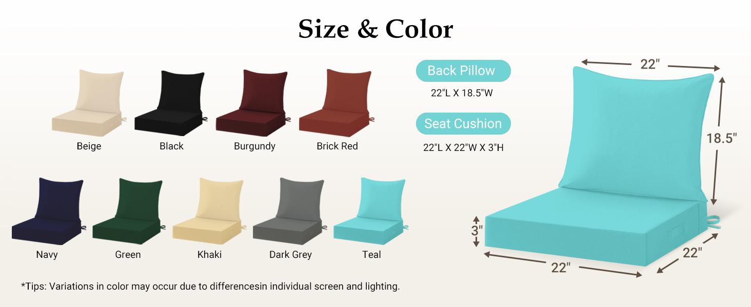 【Summervibes】downluxe Outdoor Chair Cushions, Waterproof Fade Resistant Patio Furniture Cushions with Handle & Removable Cover, Deep Seat Outdoor Cushions for Sofa, Couch and Patio Chairs