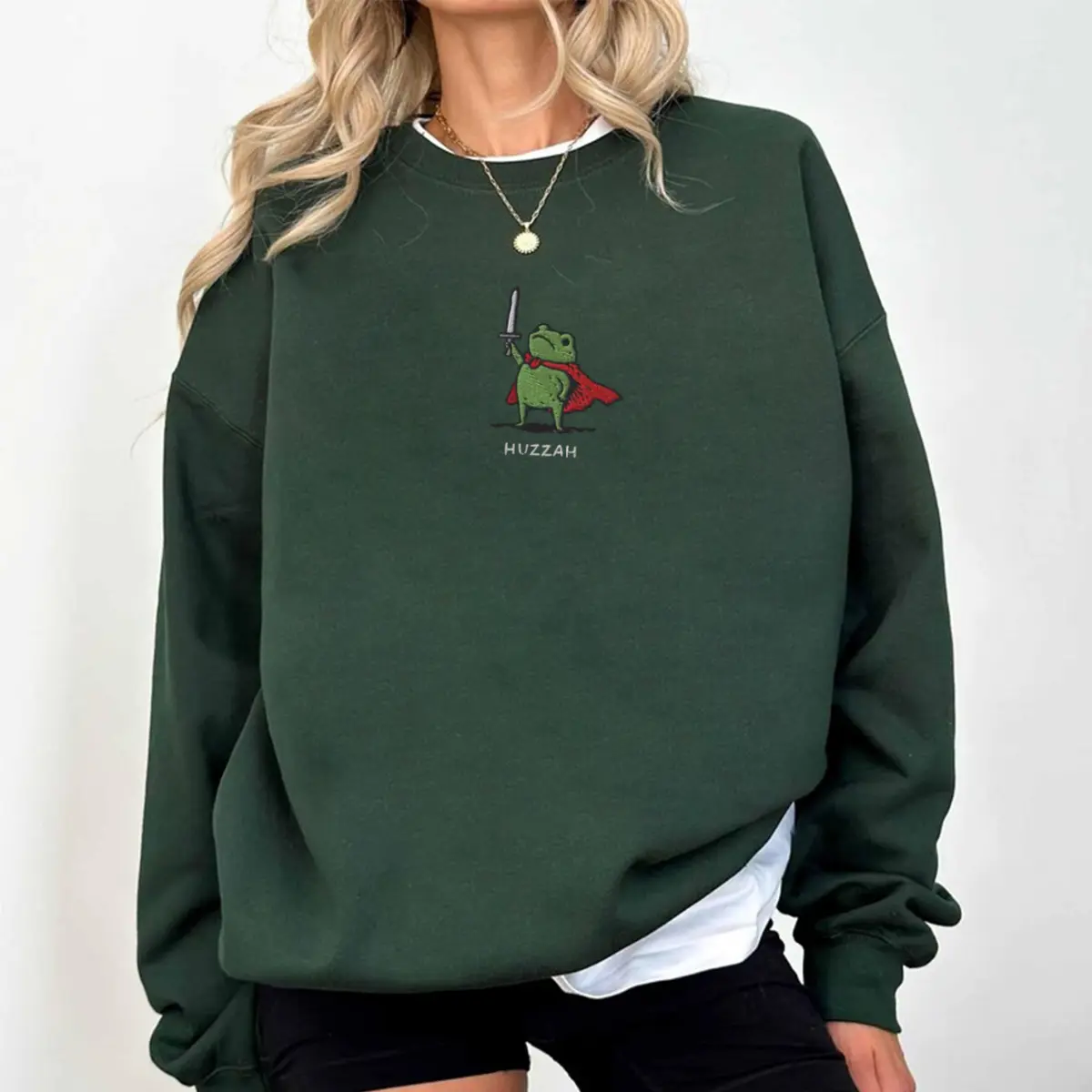 Huzzah Frog Embroidered Sweatshirt, Funny Medieval Frog Design, Fantasy Gamer Gift, Renaissance Style, Cozy Unisex Women Men's Shirt
