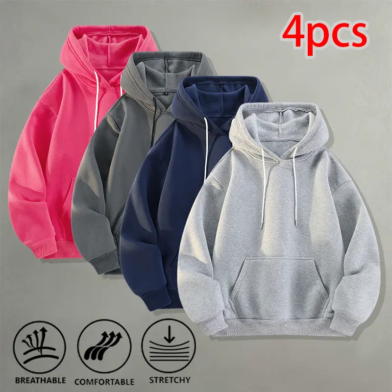Men & Women Plain Hooded Sweatshirts, 4-Pack — Lightweight, Breathable Pullover Hoodies for Loungewear and Streetwear Tops